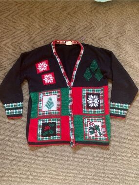 Vintage Made in USA Cardigan Sweater Ugly Christmas Sweater fun Holiday Time 80s
